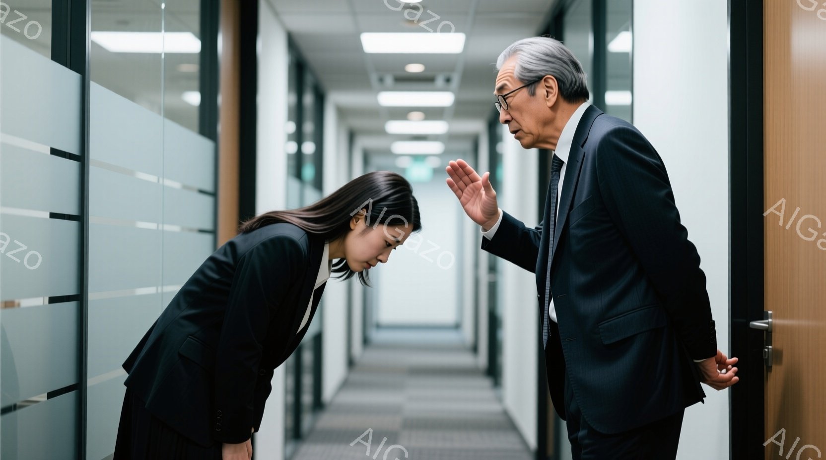 若い女性が深く頭を下げて謝罪している様子が映っている。彼女は黒いスーツを着ており、長い黒髪が肩にかかっている。背後には年配の男性がおり、腕を広げて何かを説明しているような仕草をしている。