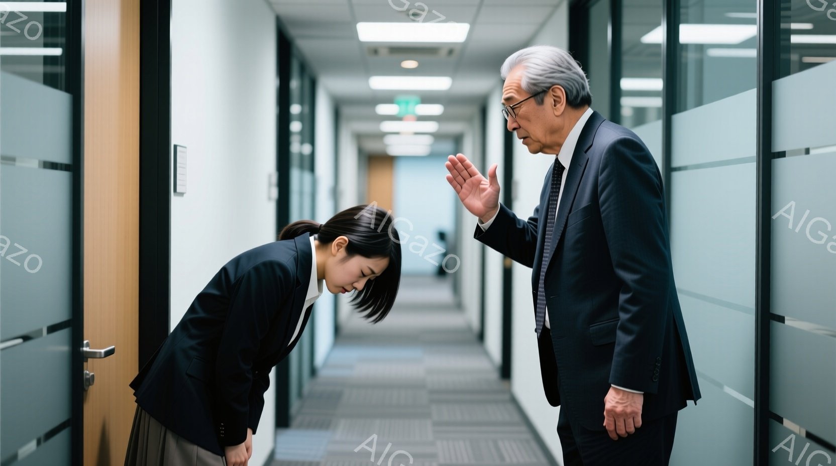 若い女性が深くお辞儀をして謝罪している様子がうかがえる。彼女は黒いジャケットとスカートを着用し、髪は後ろでまとめている。背景はオフィス内の廊下で、男性が片手を上げて何かを説明しているようだ。