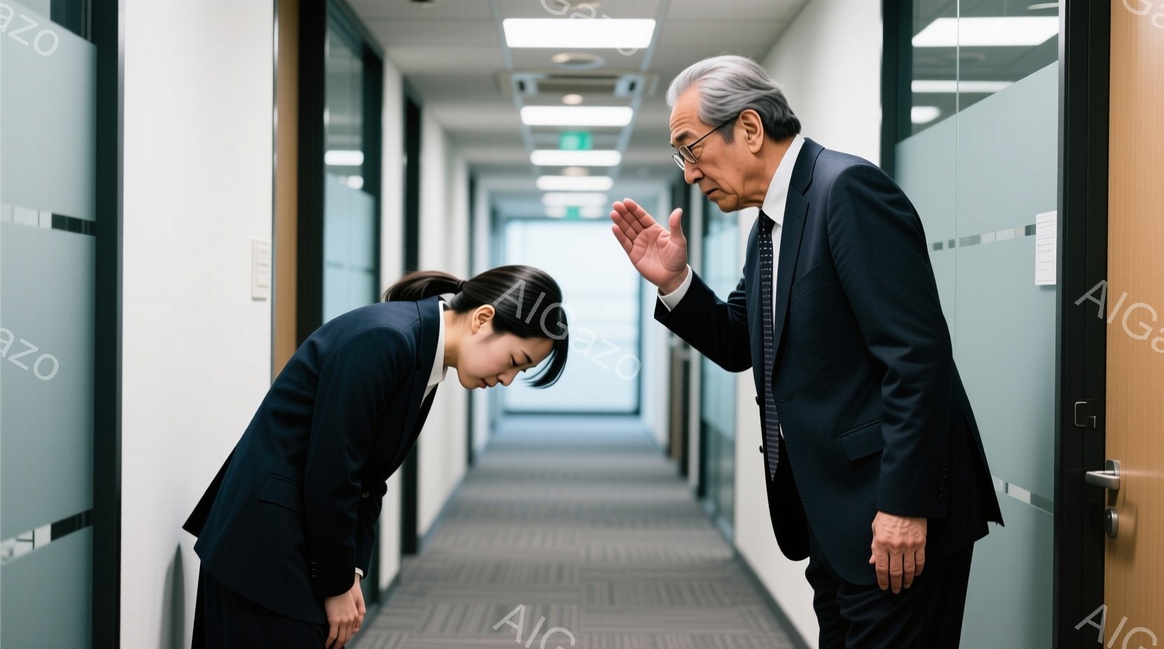 若い女性が深々と頭を下げて謝罪している様子で、黒いスーツに黒髪を後ろでまとめている。彼女の対面には、年配の男性が立っており、片手を上げて何かを説明しているかのように見え、表情は真剣だ。背景はオフィスビル内の廊下で、灰色系のカーペットと白い壁で構成され、全体的に落ち着いた雰囲気である。
