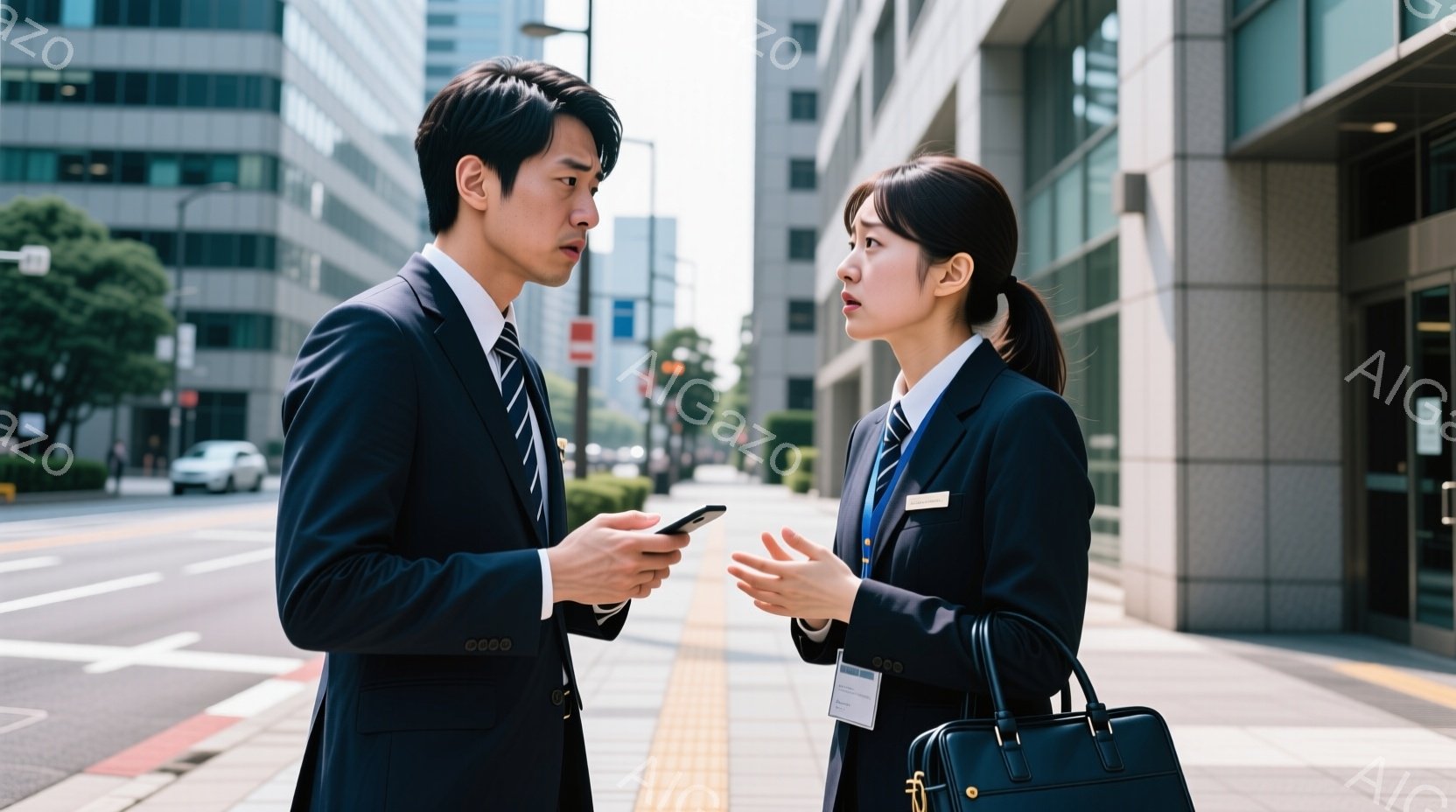 ビジネススーツを着た男女が歩道で向き合って話しています。男性はスマートフォンを手に持ち、女性は身振り手振りで何かを説明しているようです。背景には高層ビルが立ち並び、晴天の下、都会的な雰囲気を感じさせま - AI生成フリー素材