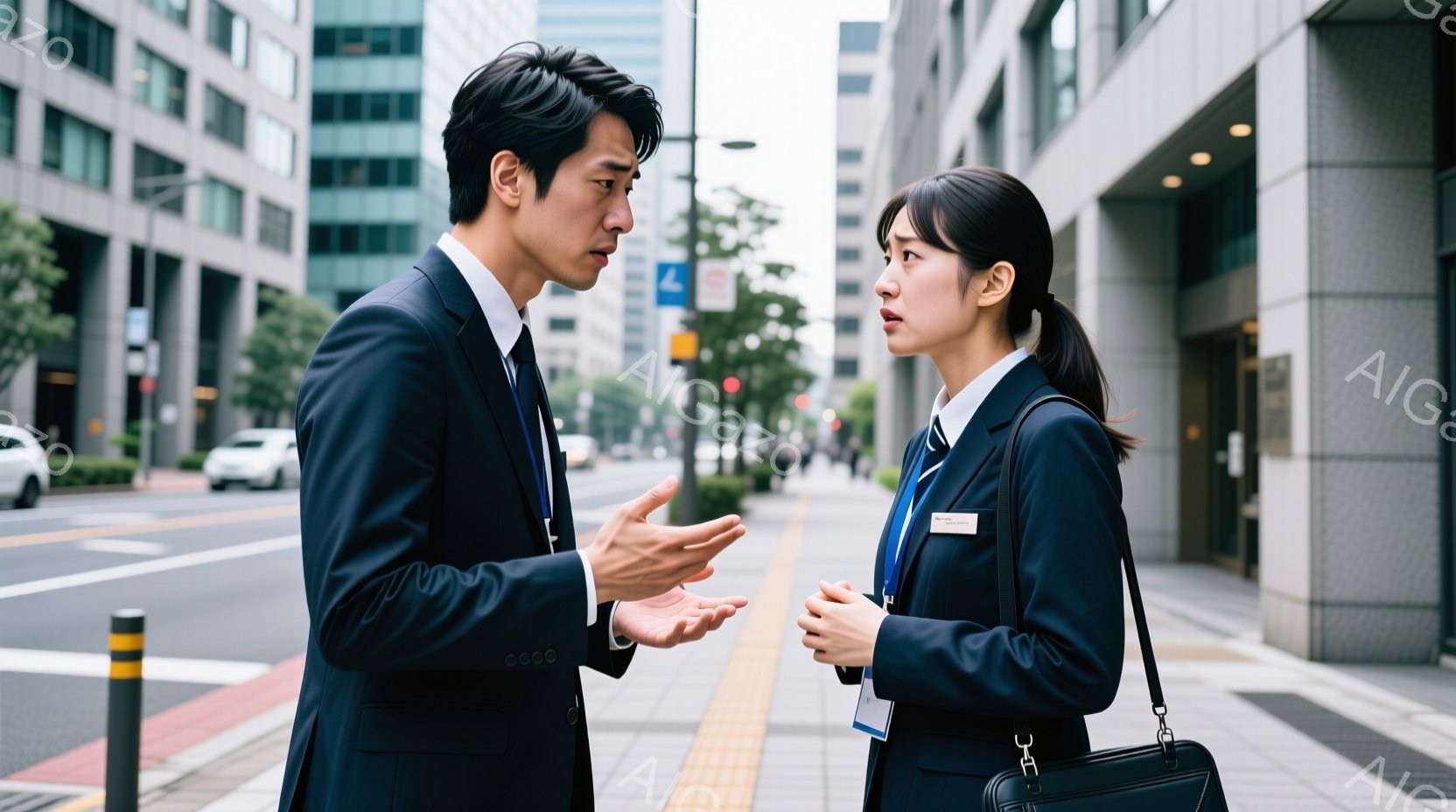 ビジネススーツを着た男性と女性が、歩道で向き合って立っている。男性は片手を広げて何かを説明しているような仕草をしており、女性はやや眉をひそめ、注意深く聞いている様子だ。背景には高層ビルが立ち並び、晴れた空の下、都会の街並みが広がっている。