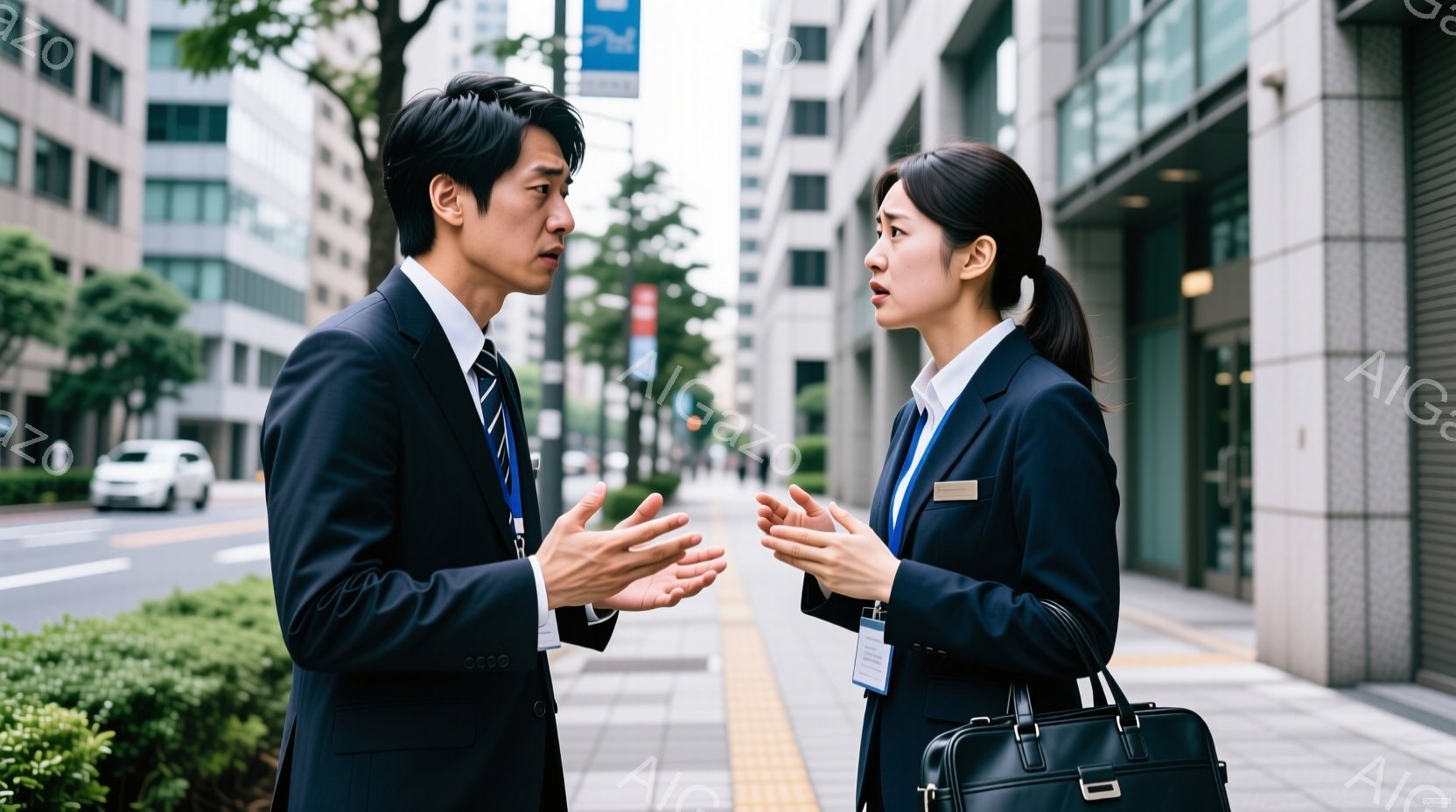 スーツを着た男性と女性が歩道上で議論している様子が写っている。男性は黒いスーツにネクタイ、短髪で、両手を広げて何かを説明しているようなジェスチャーをしている。女性も黒いスーツに白いブラウス、髪は後ろでまとめ、何かを訴えるように口を開けている。背景には高層ビルと緑の植栽が見え、晴天で明るい日である。