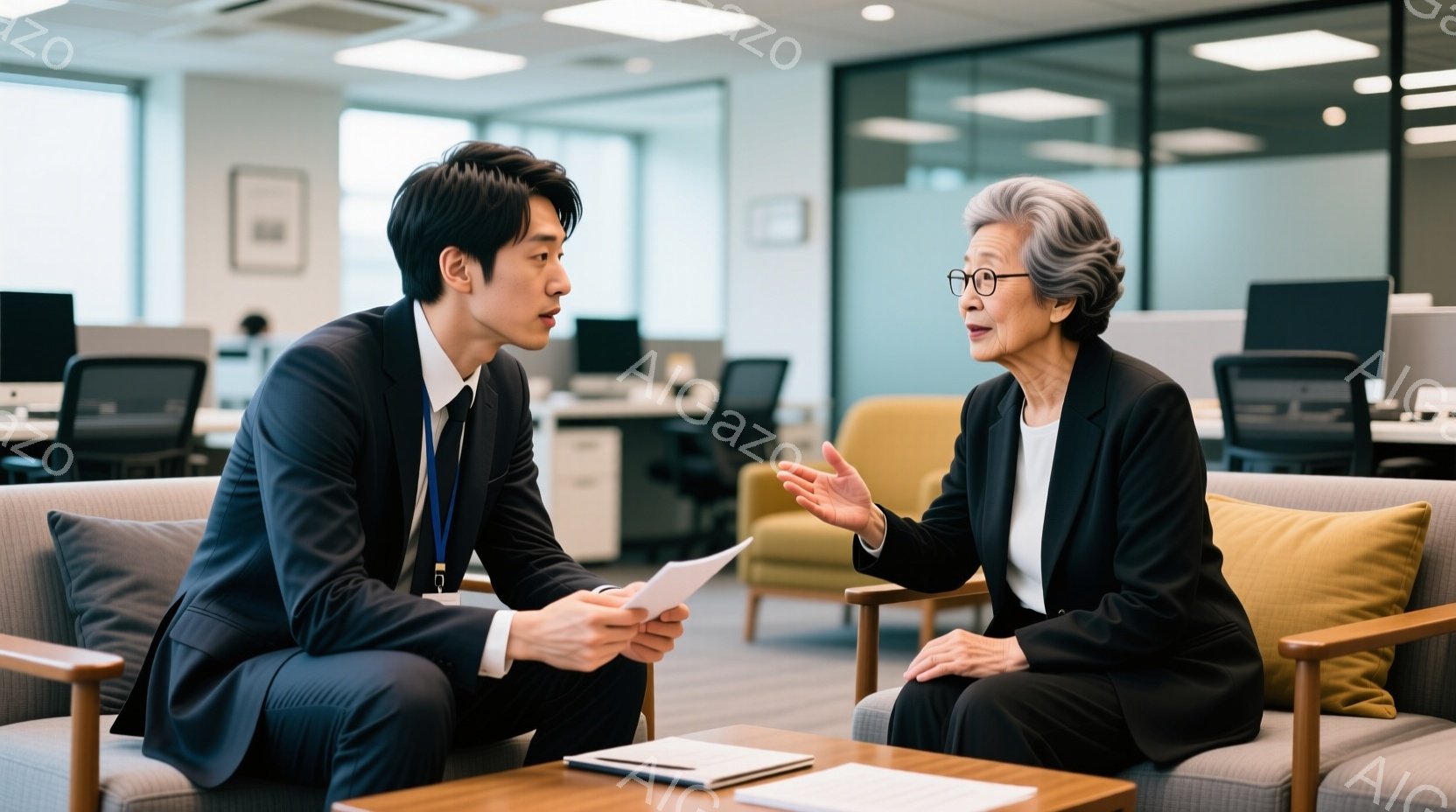 紺色のスーツを着た若い男性と、黒いスーツの女性がソファに座り、対面して話しています。男性は書類を見ながら何かを説明しているようであり、女性は両手を広げて話を聞いている様子です。背景にはオフィスがあり、多くのデスクとパソコンが並んでいます。