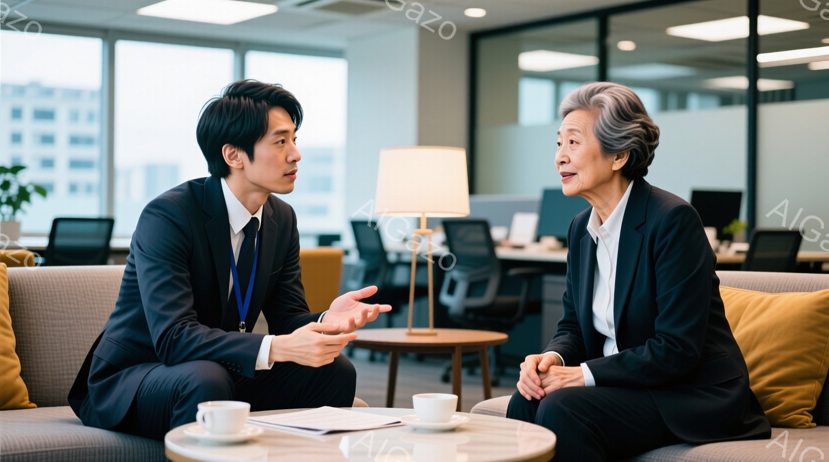 若い男性と年配の女性がソファに座って会話しています。男性は黒いスーツにネクタイ、女性は黒いジャケットを着ており、どちらも真剣な表情で互いを見つめ、男性は片手を広げて何かを説明しているようです。背景にはオフィススペースと窓の外の建物が見え、室内は明るく、落ち着いた雰囲気です。