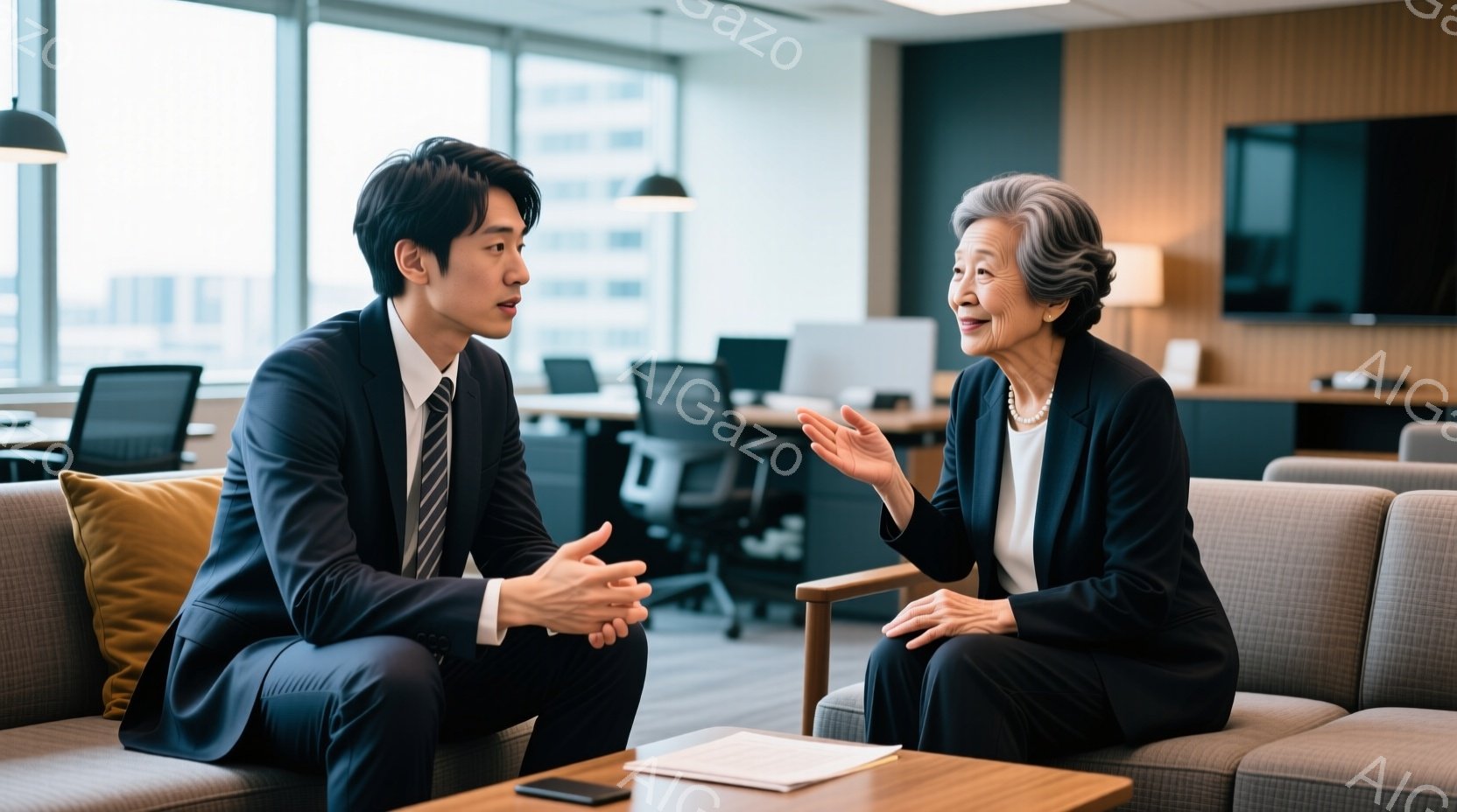 一人の若い男性と年配の女性が、明るいオフィスのような空間でソファーに座り、会話をしている様子が写っています。男性はダークスーツにネクタイ姿で、真剣な表情で身振り手振りを交えて話しています。女性は黒いジャケットに白いシャツを着ており、穏やかな表情で何かを説明しているようです。