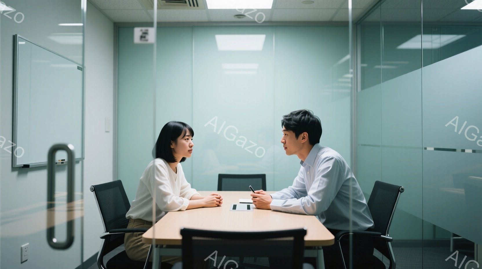 明るい色のシャツを着た若い女性と、白いシャツを着た若い男性が、木のテーブルを挟んで向かい合って座っています。女性は軽く微笑んでおり、男性はペンを持ち、何かを書き込んでいるかのように見えます。背景はオフ - AI生成フリー素材