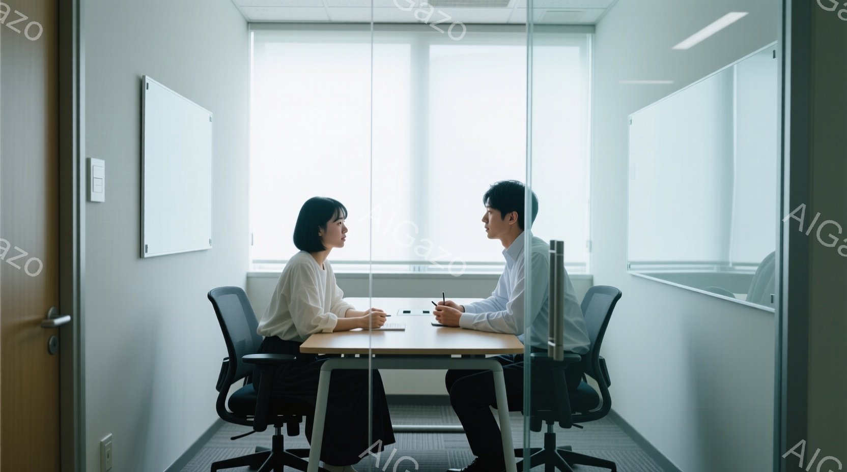 白い壁と床のシンプルな部屋で、向かい合って座る男女が写っている。女性は薄いベージュのブラウスに黒いスカートを着用し、短く黒い髪をしている。男性は白いシャツと黒いズボンを着用し、ペンを手に何かを考えているようで、両者は真剣な表情で向き合っている。