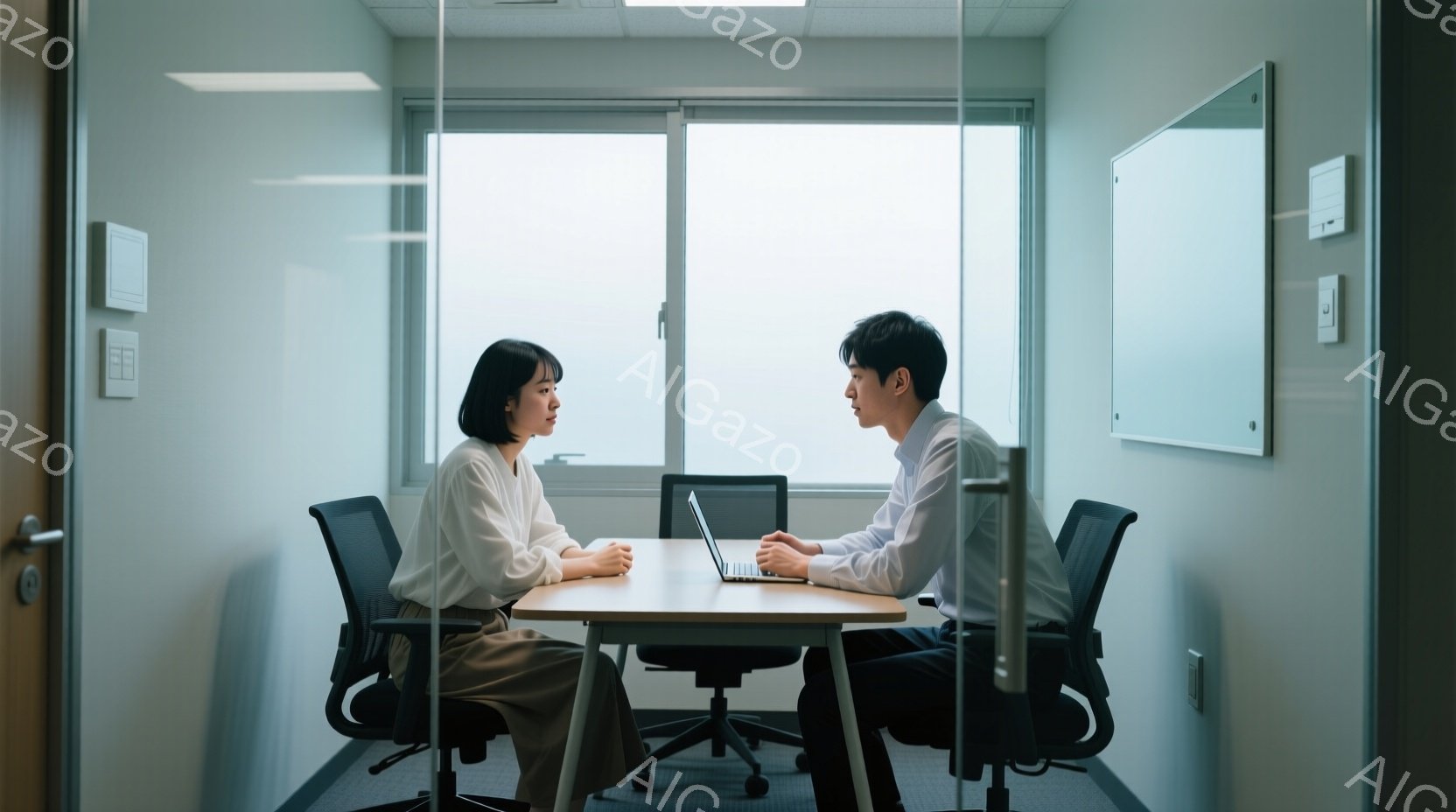 オフィスのような部屋で向かい合って座る男女が写っている。女性はベージュ色のパンツと白いシャツを着ており、髪は肩にかかる長さでダークカラー、表情は落ち着いている。男性は白いシャツと黒いズボンを着用し、ノートパソコンに向かって何かを入力している様子で、やや真剣な表情をしている。