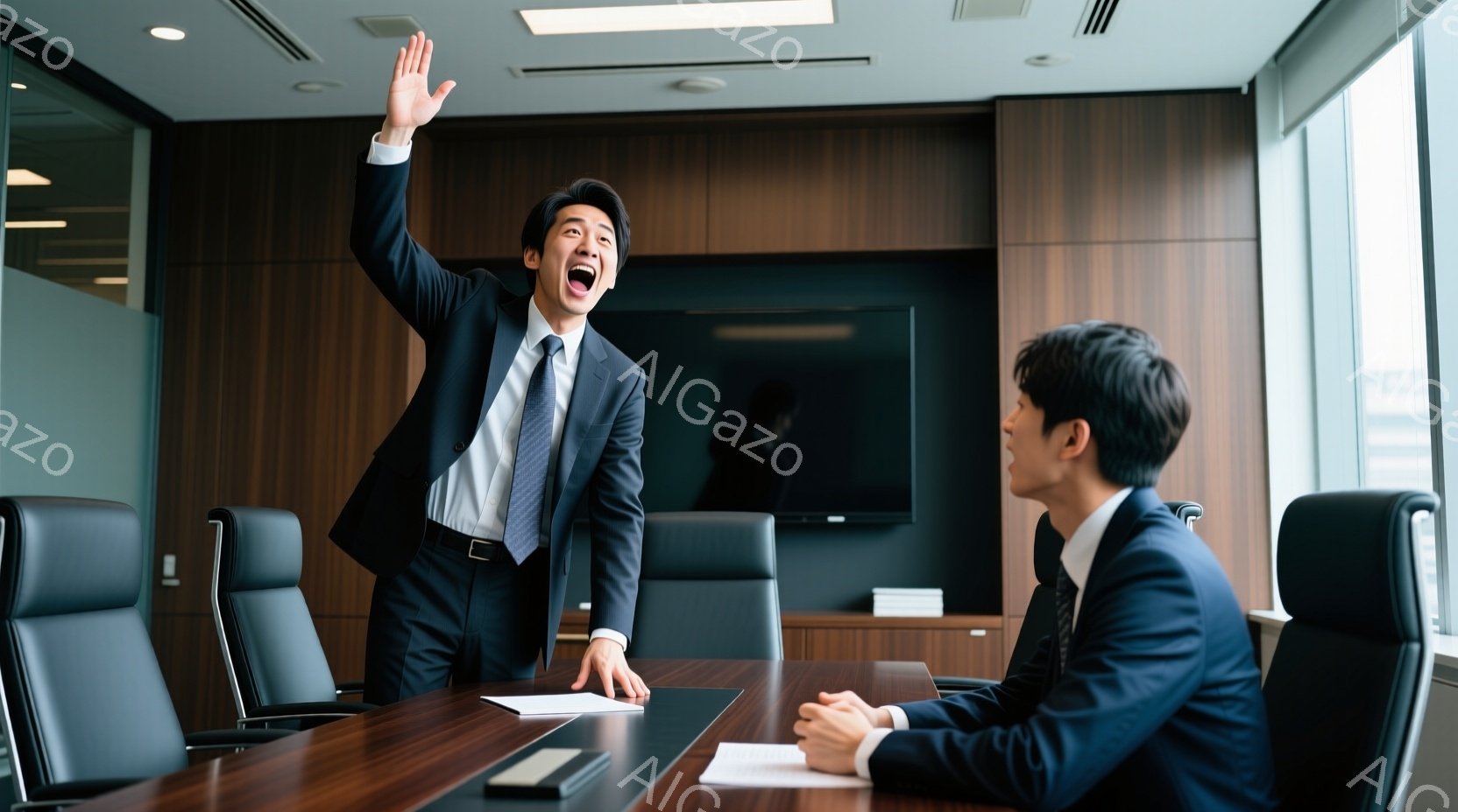 スーツを着た男性が、会議室で片手を高く上げ、興奮した表情で何かを説明している。対面で座っている別の男性は、落ち着いた姿勢で彼を見つめている。背景には木製の会議テーブルと、壁掛けテレビ、そして窓の外には - AI生成フリー素材