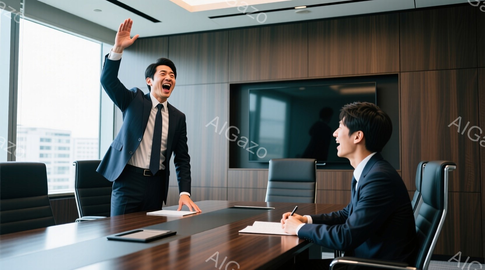 会議室で一人の男性が片手を高く上げ、興奮した表情で何かを説明している。彼は黒いスーツにネクタイ姿で、短髪である。別の男性はテーブルに座り、ペンを手にメモを取っている様子で、背中を見せている。