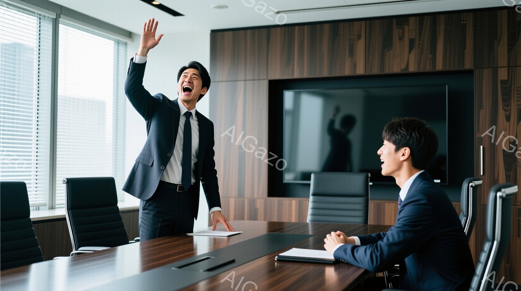 部屋の中央には大きな木製の会議テーブルがあり、一人の男性が興奮した様子で片手を高く上げ、もう一人の男性はテーブルに向かって座り、何かをメモしているようだ。興奮している男性は黒いスーツにネクタイを締め、髪は短く整えられ、表情は喜びとエネルギーに満ちている。背景には、現代的なデザインの壁と大きな窓があり、部屋全体が明るく、成功を収めたビジネス会議の雰囲気を醸し出している。