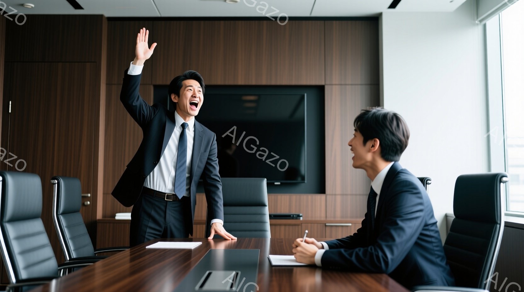 会議室で一人の男性が片手を高く上げ、興奮した表情で立っている。彼は黒いスーツに白いシャツ、ネクタイを着用しており、髪は短く整えられている。対面には別の男性が椅子に座り、書類にペンで書き込みをしている様 - AI生成フリー素材