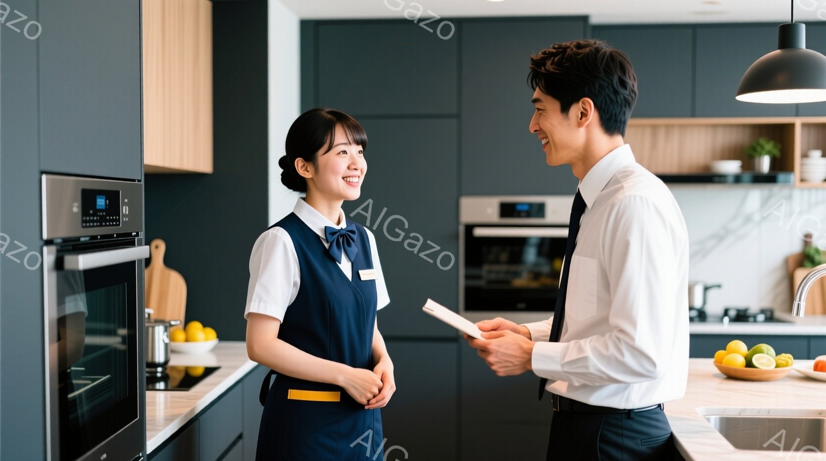 キッチンで女性と男性が立っている様子が写っています。女性は紺色のエプロンと白いブラウスを着ており、明るい笑顔で男性を見上げています。男性はスーツ姿で書類を持ち、女性に何かを説明しているようです。