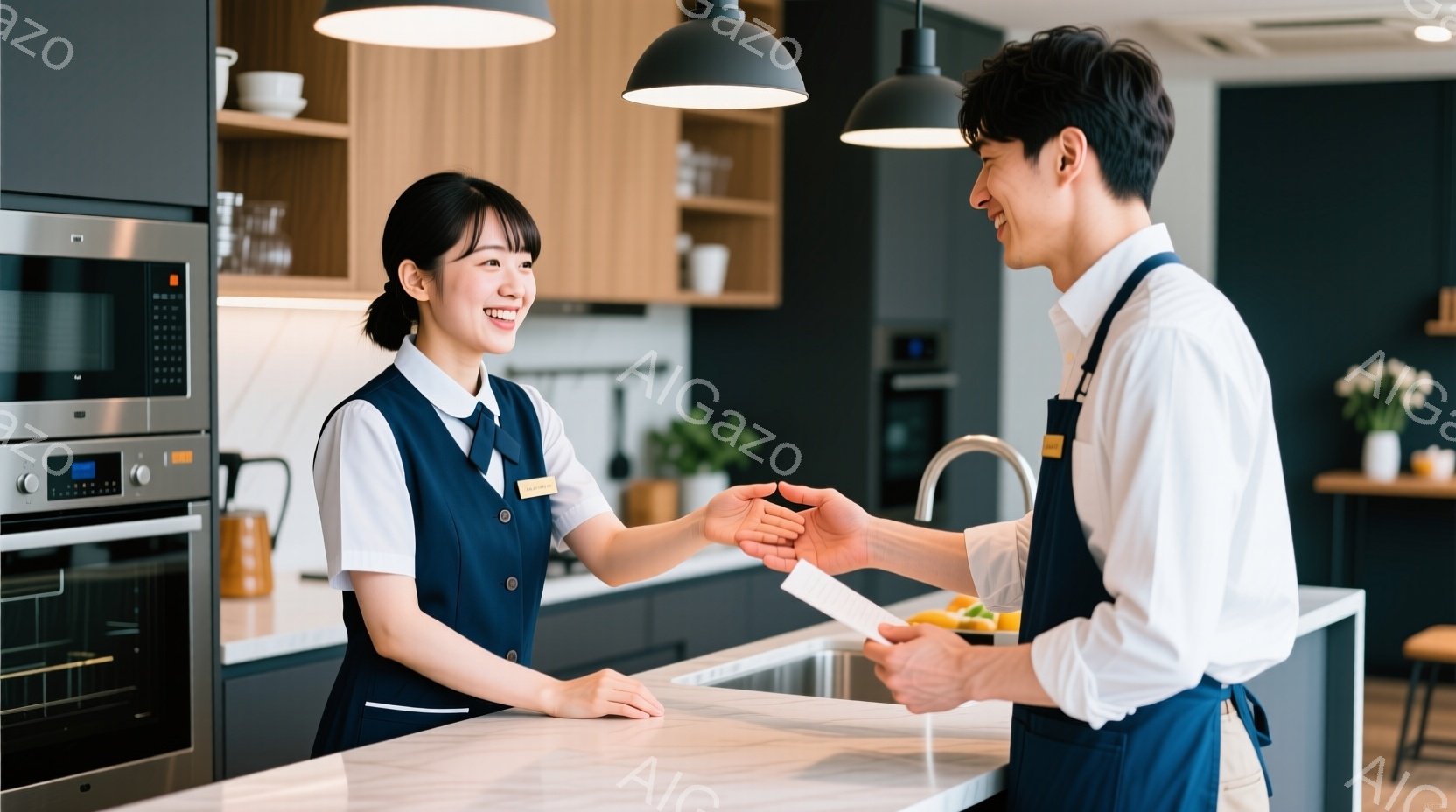 厨房のような場所で、女性と男性が握手をしています。女性は紺色のベストと白いシャツを着ており、明るい笑顔を浮かべています。背景にはオーブンや食器棚があり、清潔感のあるモダンな雰囲気です。