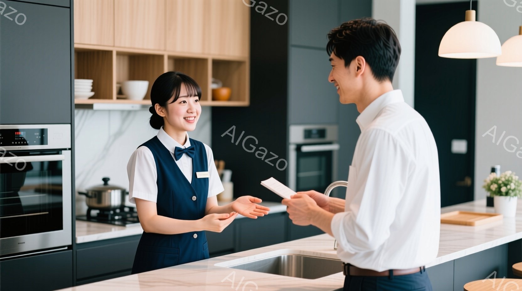 キッチンで女性と男性が写っています。女性は紺色のエプロンとリボン、整ったヘアスタイルで、笑顔で何かを差し出しています。男性は白いシャツを着ており、受け取るジェスチャーをしており、背景にはモダンなキッチ - AI生成フリー素材