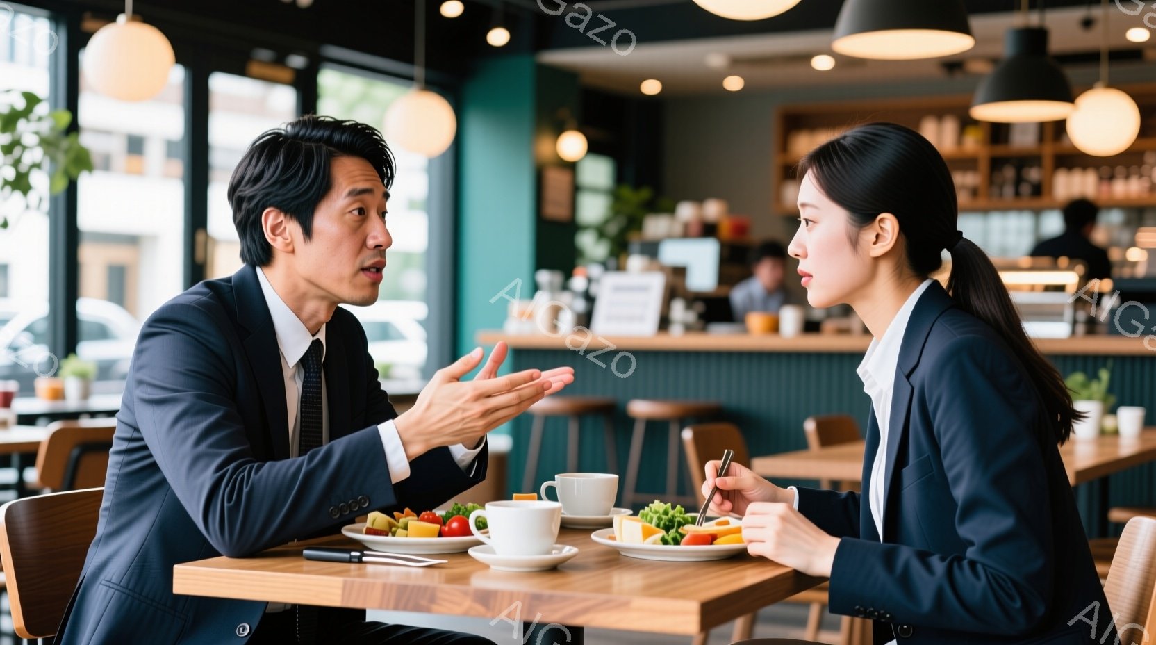 男性と女性は、明るいカフェで向かい合って座っており、食事がテーブルに置かれている。男性は紺色のスーツにネクタイを締め、身振り手振りを交えながら何かを説明しているような表情をしている。女性は黒いスーツを - AI生成フリー素材