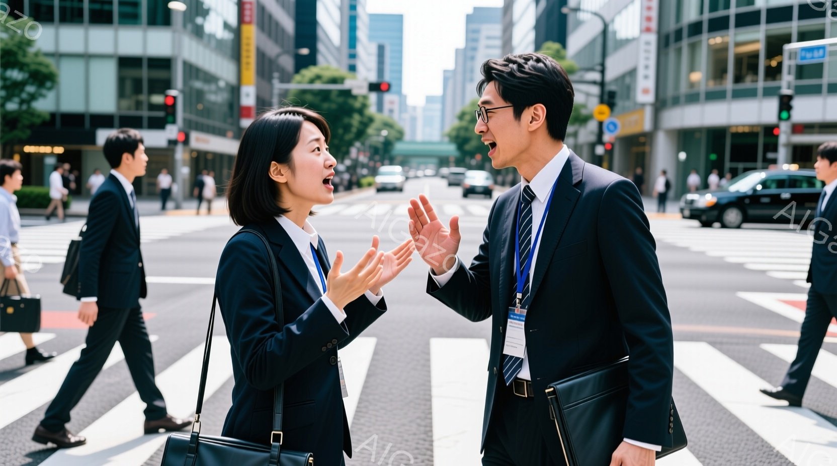 道路を横断するビジネスマンとビジネスウーマンが写っている。女性は黒いスーツに短い髪で、少し驚いた表情で両手を広げている。男性も黒いスーツにネクタイをし、片手を上げて女性と向かい合っている。