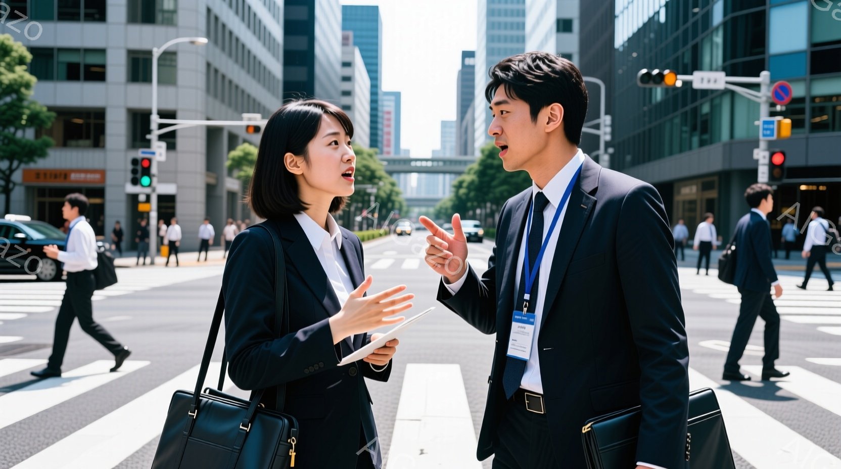 紺色のスーツを着た男女が、横断歩道上で身振り手振りで会話をしている。女性は黒い髪を肩まで伸ばし、真剣な表情で何かを説明しているように見え、男性は紺色のスーツにネクタイを締め、身振り手振りで応じている。背景には高層ビルが立ち並び、晴天の下、ビジネス街の一コマが切り取られている。