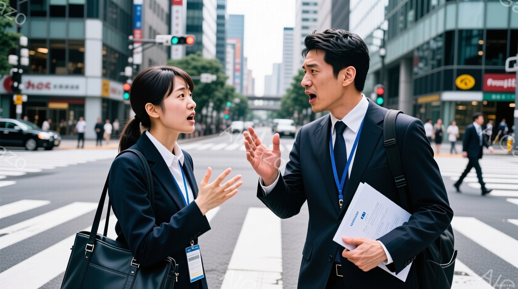 街中の横断歩道で、ビジネススーツを着た男女が激しく議論している様子が写っている。女性は黒髪を肩まで伸ばし、驚いた表情で手を広げ、男性はスーツ姿で片手を上げ、何かを説明しているようだ。背景には高層ビル群とわずかな木々が見え、晴天の下、活気のある都会の雰囲気が漂っている。