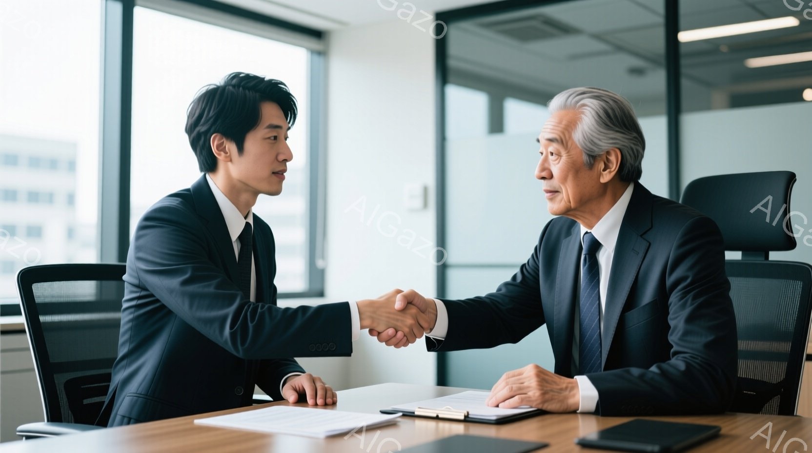 2人のビジネスマンが握手をしています。若い男性は黒いスーツにネクタイを締め、短く整髪された髪型で、真剣な表情で相手を見つめています。背景にはオフィスの一室が広がり、窓からは都市の景色が見え、落ち着いた雰囲気のビジネスシーンが表現されています。