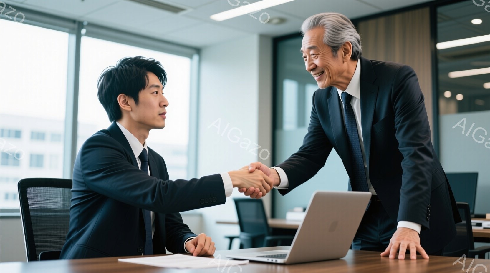 スーツを着た若い男性と年配の男性が握手をしています。若い男性は黒髪で、真剣な表情で座っています。背景にはオフィスがあり、窓から自然光が差し込み、落ち着いた雰囲気です。