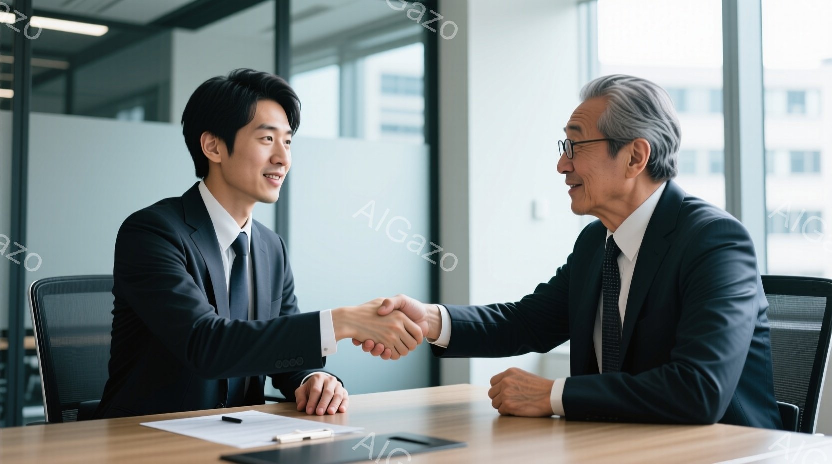 ビジネススーツを着た若い男性と年配の男性が、会議テーブルを挟んで握手をしています。二人は笑顔で、穏やかで友好的な雰囲気が漂っています。背後にはオフィスらしき空間が広がり、ガラス窓からは自然光が差し込んでいます。