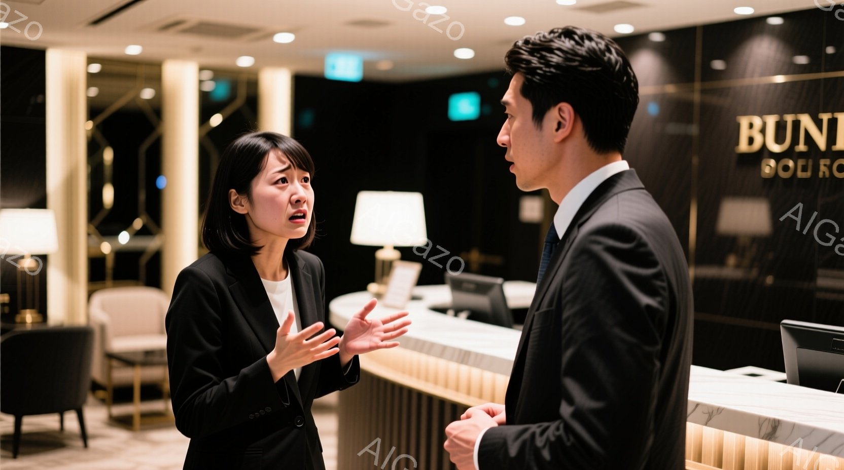 受付カウンターの前で話している二人のビジネスパーソンが写っています。女性は黒いスーツを着ており、少し困惑した表情で両手を広げて何かを説明しているようです。男性は同じく黒いスーツで、女性の話に真剣に耳を傾けています。