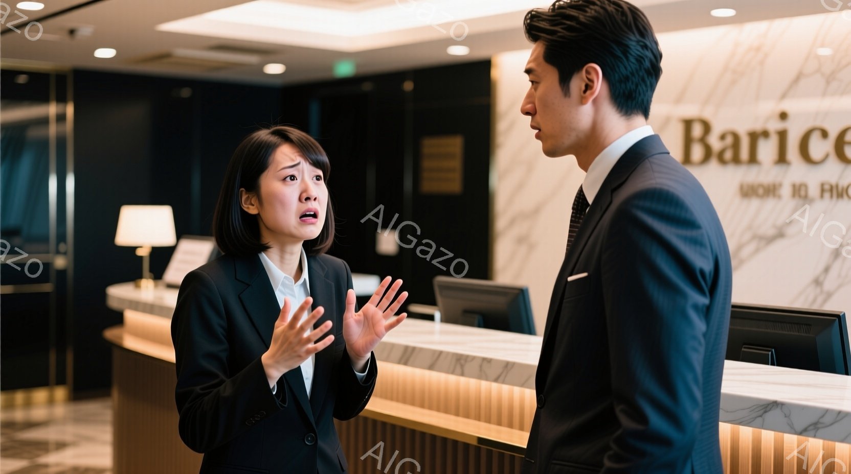 受付カウンターの前で話している男女が写っています。女性は黒いスーツに白いシャツを着ており、少し驚いた表情で両手を広げています。男性は紺色のスーツを着ており、女性の方を向き、やや真剣な表情で立っています。