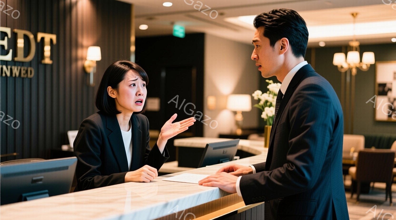 フロントデスクで、一人の女性と一人の男性が立っています。女性は黒いジャケットを着ており、少し驚いた表情で手を広げて何かを説明しているようです。男性はスーツを着ており、女性の話に真剣に耳を傾けています。