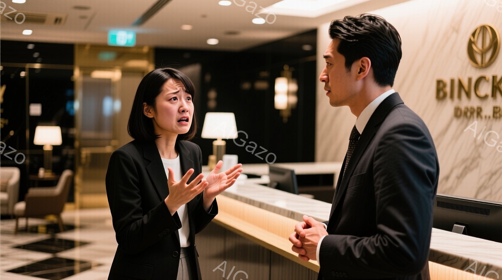 レセプションカウンターの前で、女性は黒いジャケットと白いブラウスを着て、両手を広げて何かを説明している様子で、表情はやや困惑しているように見える。男性は黒いスーツを着ており、彼女の話に耳を傾けながら、腕を組んで立っている。背景には、高級感のある大理石の床とクリーム色の壁、そして遠くにソファと照明器具が見え、全体的に落ち着いた雰囲気である。