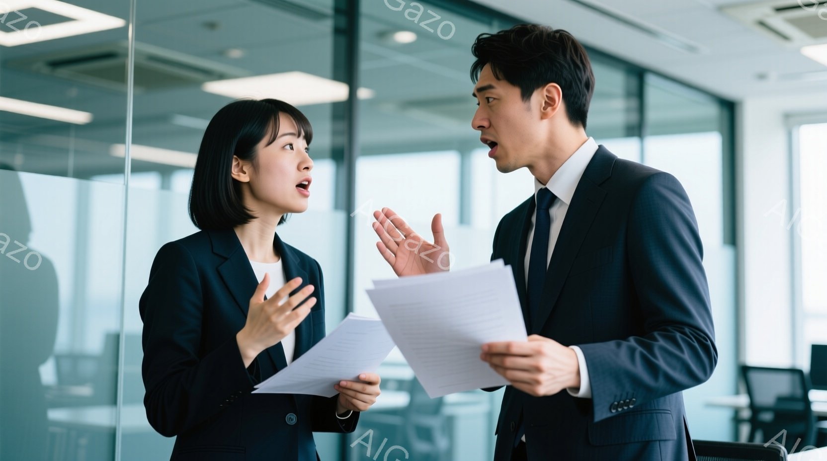 書類を手に持ったビジネスマンとビジネスウーマンが映っている。女性は黒いスーツを着て短髪で、少し驚いた表情をしている。男性はダークスーツにネクタイ姿で、書類を指差し、何かを説明している様子で、やや激しい口調で話しているように見える。