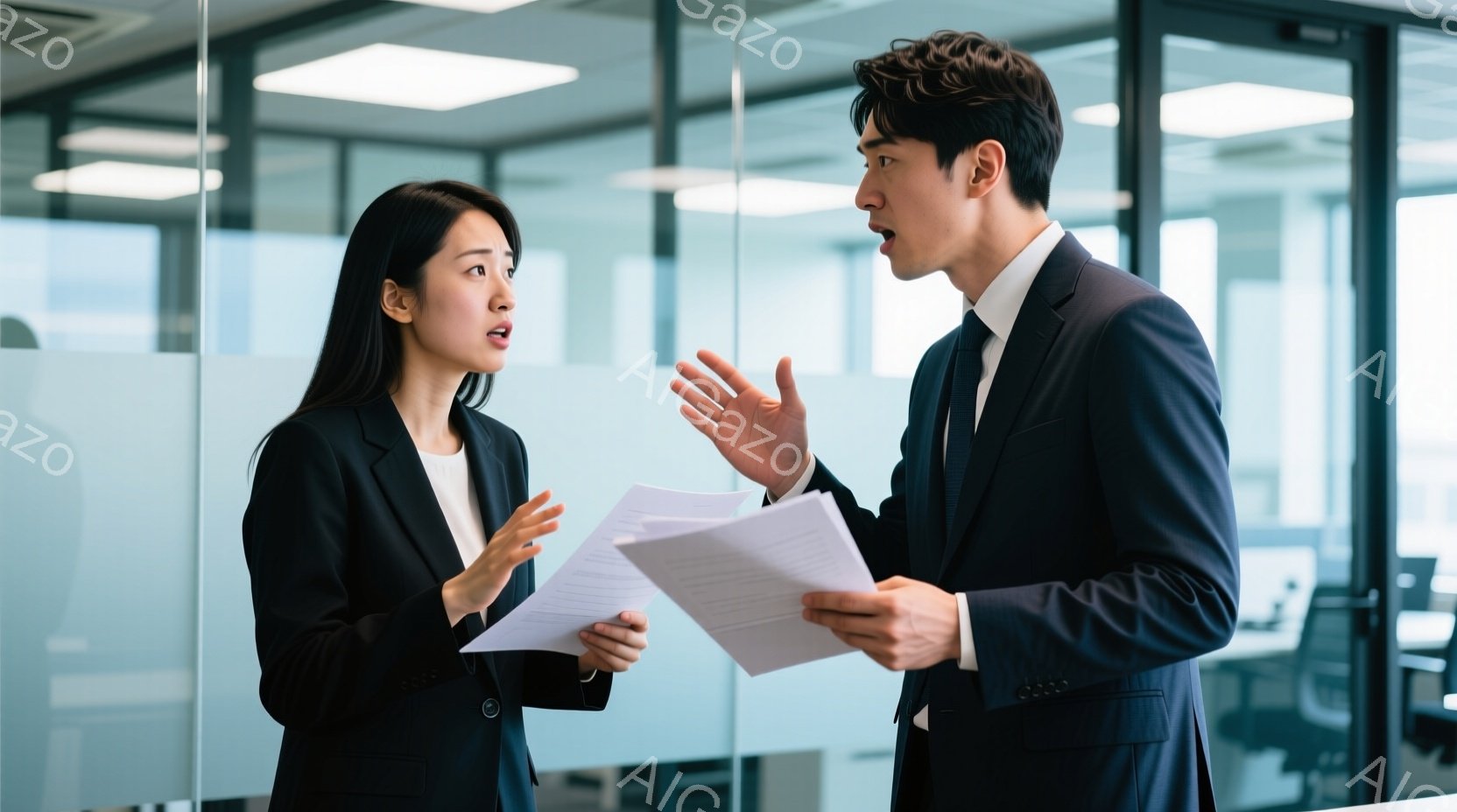 左右にビジネスマンとビジネスウーマンが立っており、それぞれ手に書類を持っています。女性は黒いスーツにストレートヘアで、驚いた表情を浮かべています。男性も黒いスーツを着ており、興奮した様子で何かを説明しているような仕草をしています。背景はオフィスで、ガラス張りの壁とデスクが見えます。