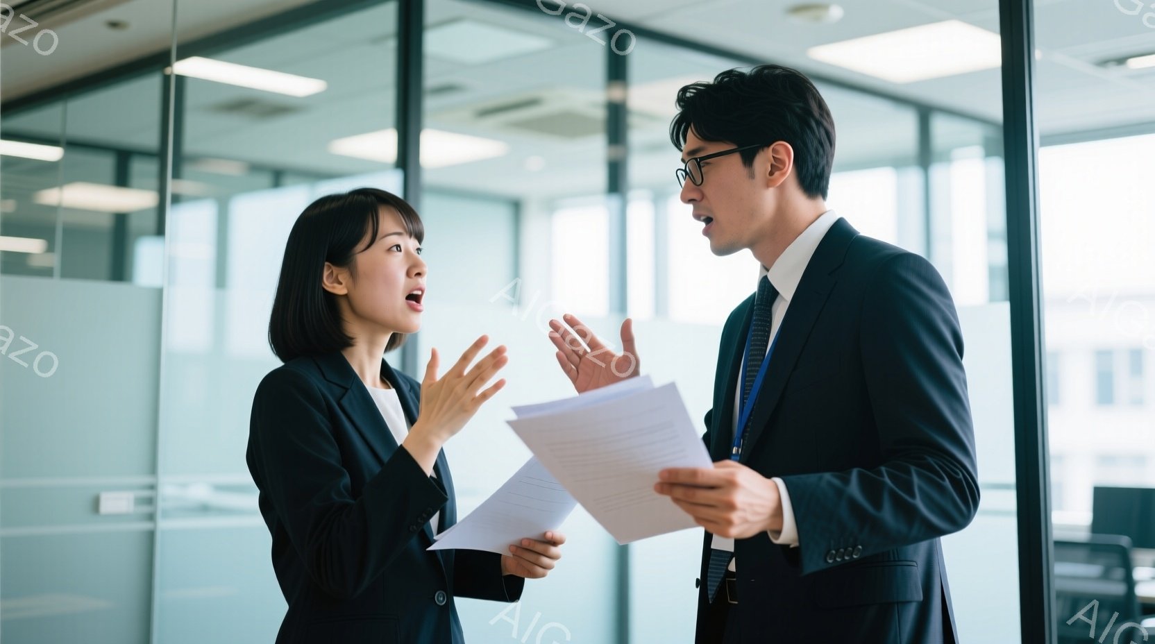 ビジネススーツを着た男女が書類を手に激しく議論している様子が写っています。女性は黒いスーツで、驚いた表情で両手を広げ、男性は青いネクタイと黒いスーツを着用し、書類を指しながら何かを説明しています。背景 - AI生成フリー素材
