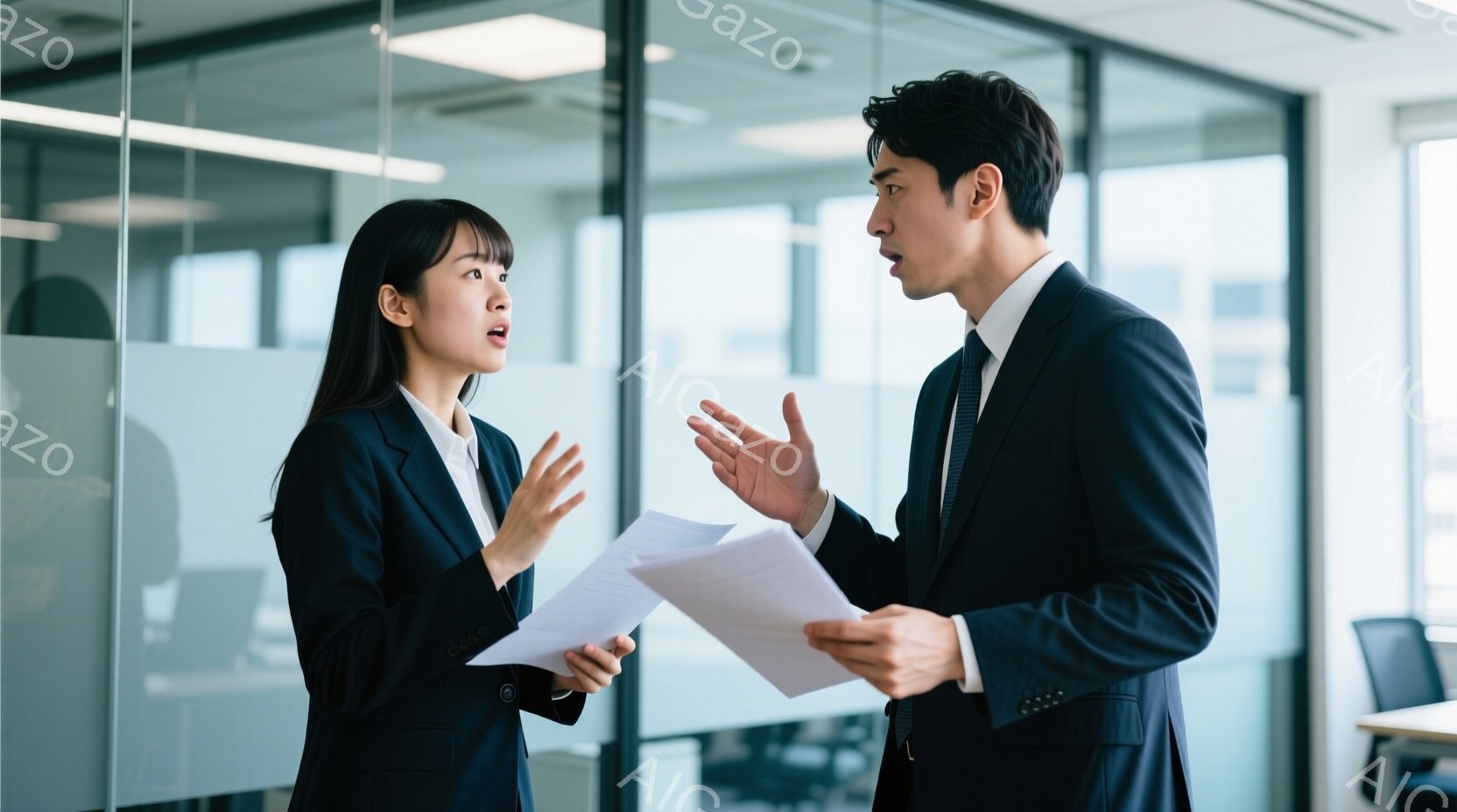 オフィスで書類を手に持った男女が写っている。女性は黒いスーツを着ており、少し驚いた表情で書類を見ている。男性は同じく黒いスーツを着て、何かを説明しているようなジェスチャーをしている。 - AI生成フリー素材