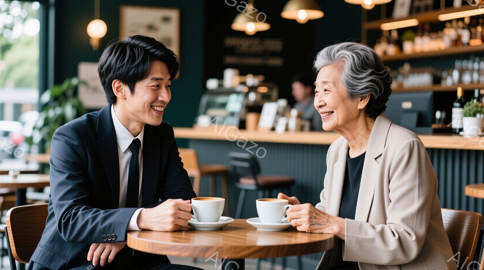 カフェで向かい合って座っている若い男性と高齢の女性が写っています。男性は黒いスーツとネクタイで、笑顔で女性を見つめています。女性は灰色の髪で、ベージュ色のジャケットを着ており、穏やかな笑顔を浮かべてお - AI生成フリー素材