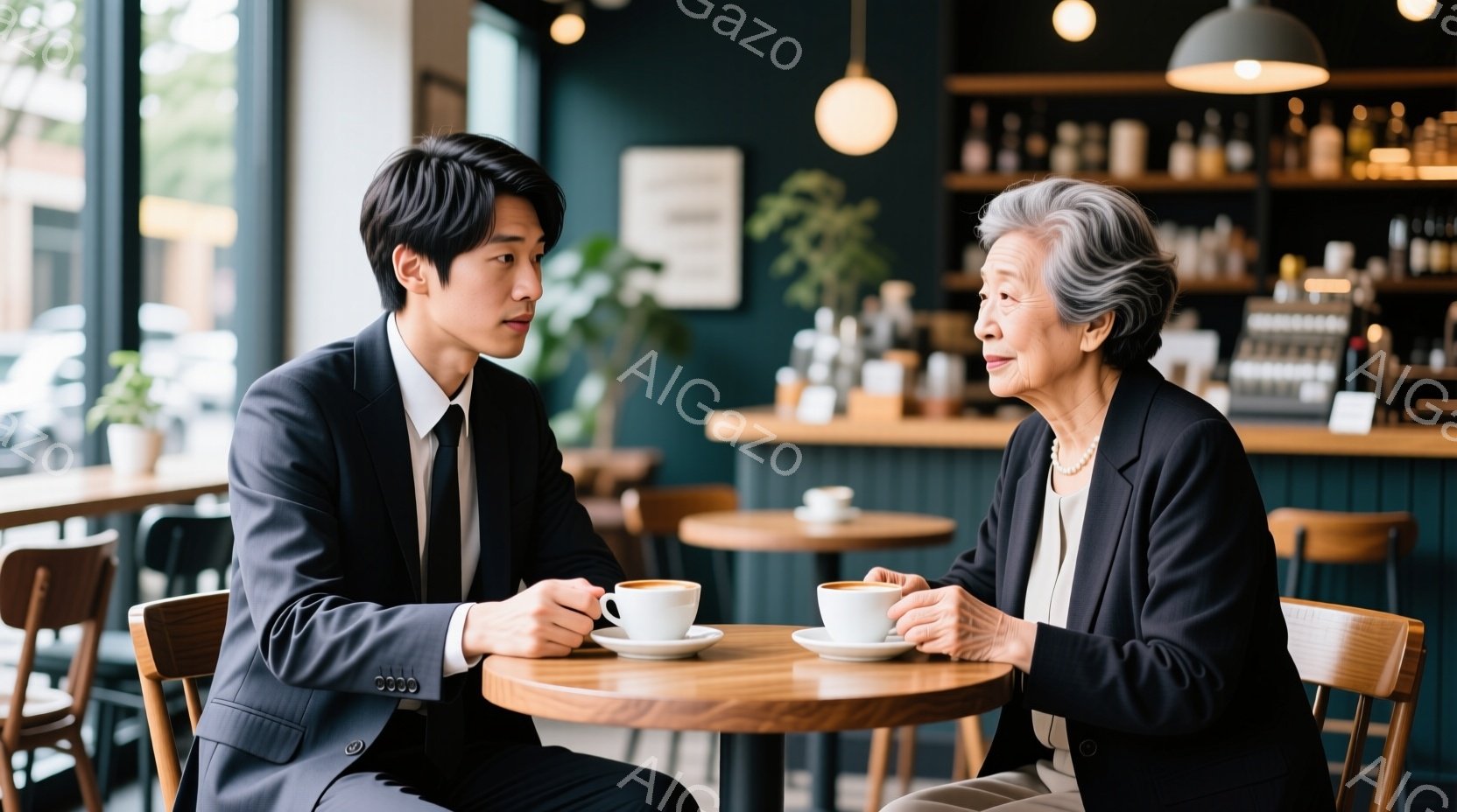 若い男性と年配の女性が丸い木製のテーブルを挟んで向かい合って座っており、それぞれコーヒーカップを持っています。男性はダークスーツを着ており、髪は短く整えられ、やや真剣な表情をしています。背景にはカフェのカウンターや棚が見え、明るく落ち着いた雰囲気です。