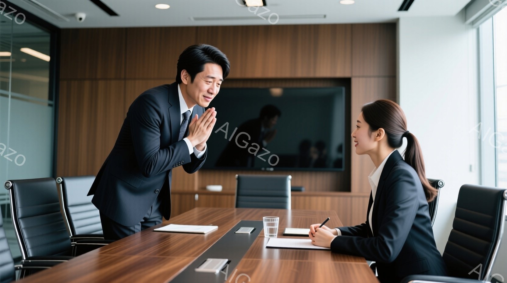 会議室で、男性はスーツを着て両手を合わせて何かを説明している様子で、真剣な表情をしている。女性は黒いスーツを着て髪を後ろでまとめており、テーブルに座ってペンを手に何かを書き込んでいる。背景には他の参加 - AI生成フリー素材