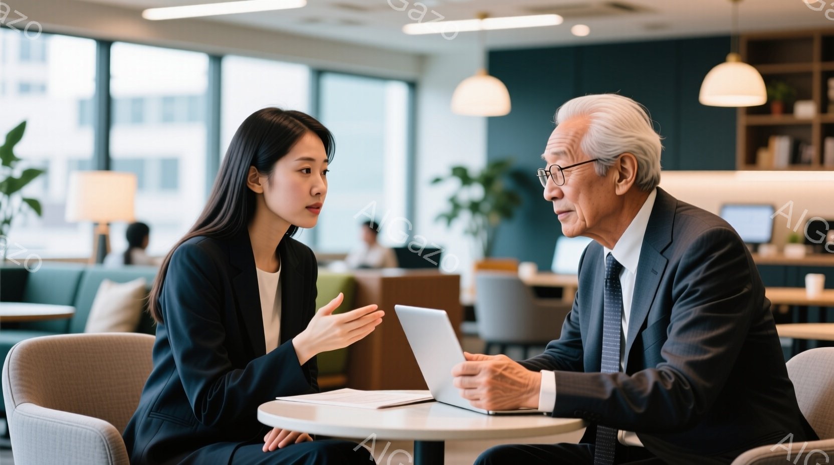 若い女性と年配の男性が丸いテーブルを挟んで向かい合って座っており、女性は何かを説明しているような仕草を見せています。男性はスーツ姿で、ノートパソコンと書類を見ながら女性の話を聞いているようです。背景には、緑色のソファや観葉植物が見え、モダンで落ち着いた雰囲気のオフィスやカフェのような空間です。