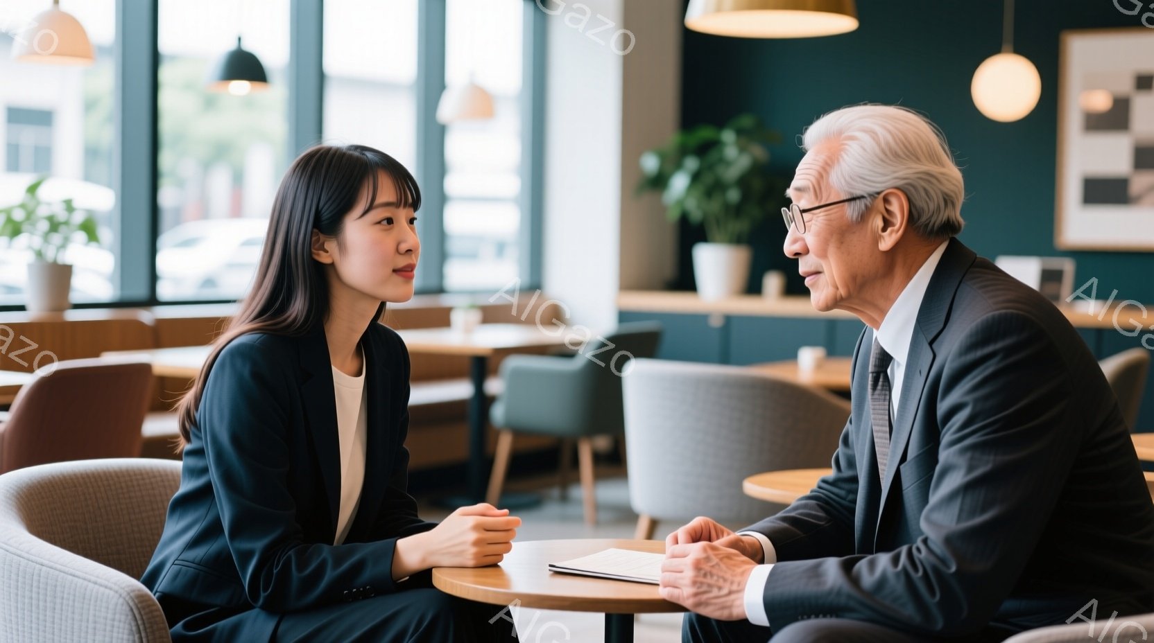 若い女性と年配の男性がテーブルを挟んで向かい合って座っており、真剣な表情で会話をしている様子が伺えます。女性は黒いスーツを着用し、ロングヘアを後ろに流しています。背景にはモダンなカフェのインテリア、窓から見える自然光、そして他のテーブルと椅子が見えます。