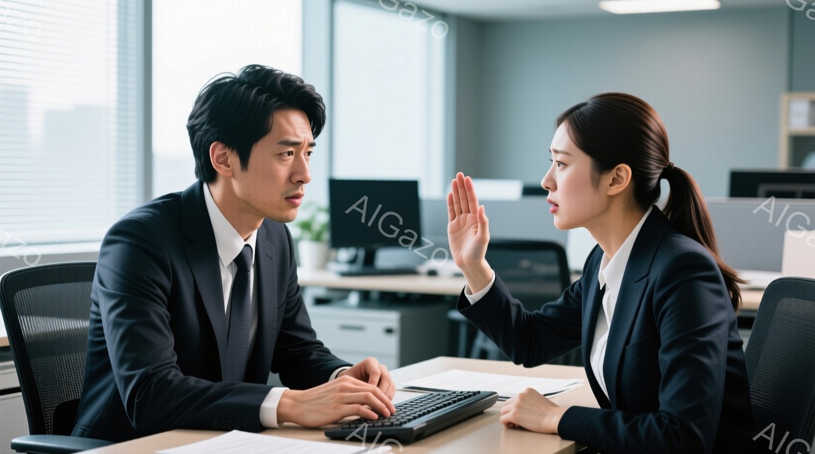 ビジネススーツを着た男性と女性がオフィスで対峙している。男性はパソコンに向かってタイピングしており、やや困惑した表情をしている。女性は片手を挙げて制止しているような仕草をしており、厳しい表情で男性を見ている。