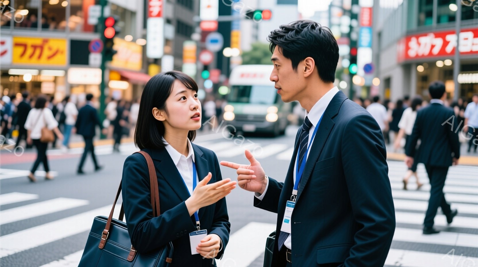 ビジネススーツを着た男女が交差点で会話している様子が写っている。女性は黒髪で、左手にバッグを持ち、男性は右手を上げて何かを説明しているようだ。背景には高層ビルが立ち並び、多くの人が歩いていることから、賑やかな都会の風景であることがわかる。