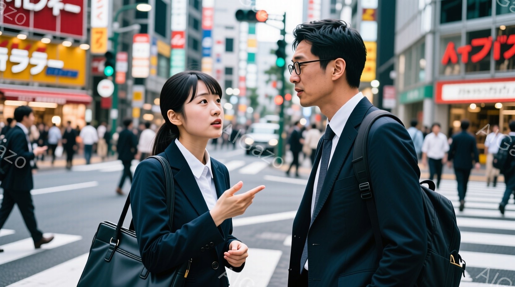 紺色のスーツを着た若い女性と男性が、横断歩道で向き合って話しています。女性は髪を後ろでまとめ、何かを説明するように手を広げています。背景には高層ビルが立ち並び、多くの人が歩いている賑やかな都会の風景が広がっています。