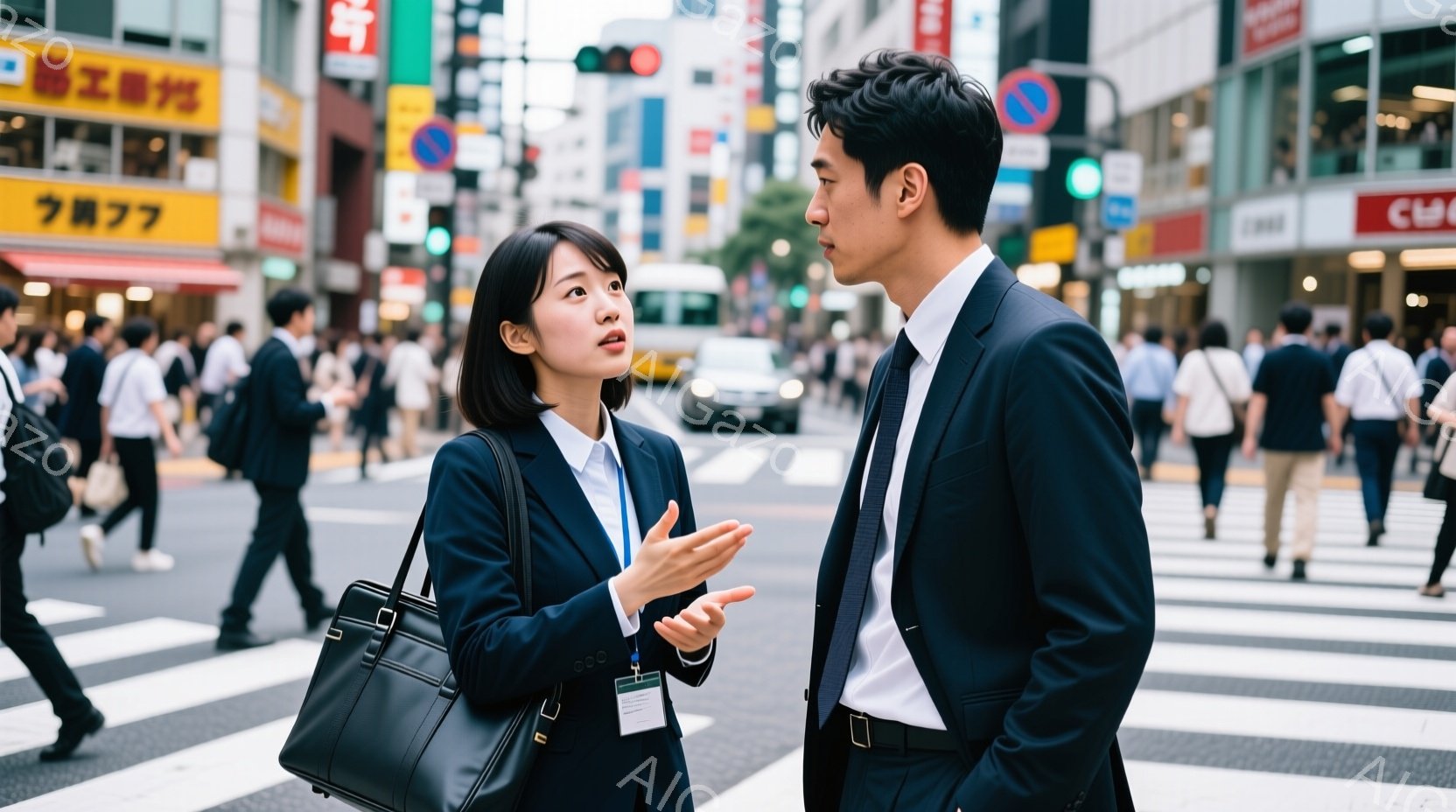 紺色のスーツを着た若い男女が、交差点の横断歩道上で話し合っている様子が写っています。女性は黒いハンドバッグを持ち、身振り手振りを交えながら男性に何かを説明しているようです。背景には高層ビルや多くの歩行者、そして晴れた空が広がっており、活気のある都会の雰囲気が漂っています。