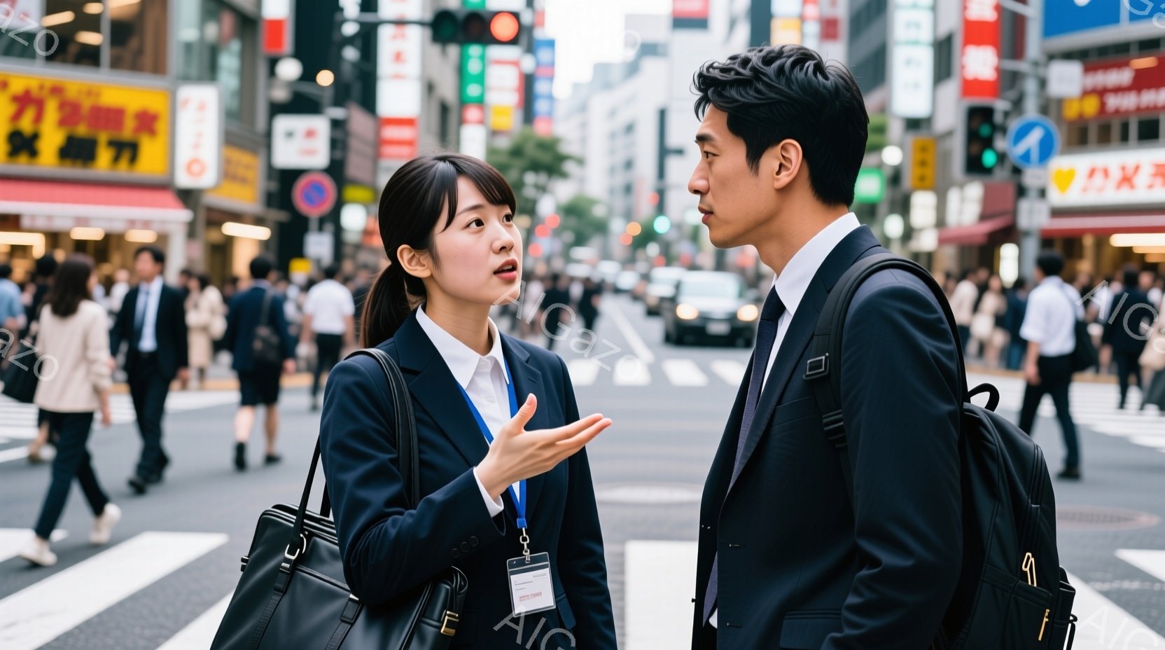 交差点でビジネススーツを着た男女が映っています。女性は黒いジャケットとスカート、肩にかかるバッグを身に着け、片手を広げて何かを説明しているようです。男性は黒いスーツにリュックを背負い、女性のほうを見て - AI生成フリー素材