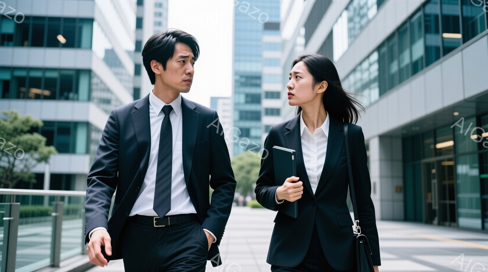 スーツ姿の男女が、近代的な建物が並ぶ通りを歩いている。男性は黒いスーツにネクタイを締め、少し眉間にしわを寄せた表情で前を見つめている。女性は黒いジャケットと白いシャツを着て、書類を抱えながら男性の方を少し向き直り、真剣な眼差しを向けている。