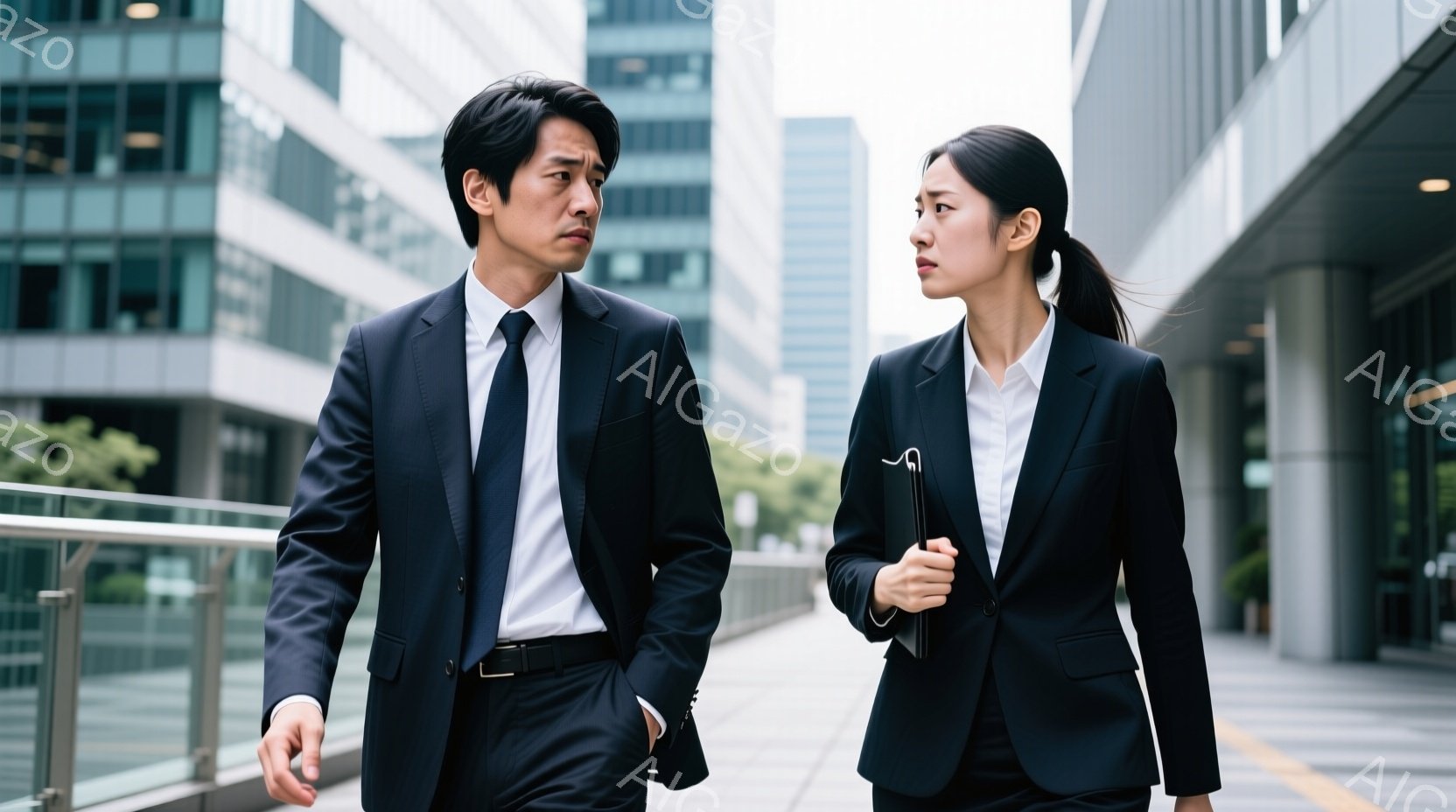 スーツを着た男女が歩道を歩いている。男性は黒いスーツにネクタイを締め、やや険しい表情で前を見ている。女性は黒いスーツに白いシャツを着ており、手に書類を持ち、男性と同様に前を見据えているが、やや心配そう - AI生成フリー素材