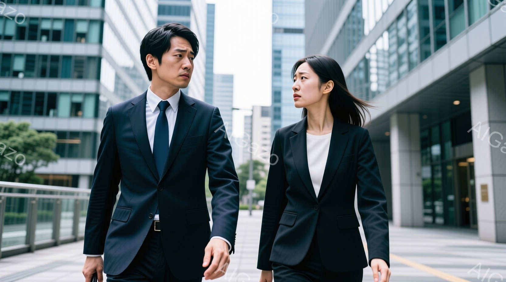 ビジネススーツを着た男女が写っている。男性は黒いスーツにネクタイを締め、女性は黒いスーツに白いインナーを合わせている。二人は少し険しい表情で、互いの視線を合わせず、前方を向いて歩いている。 - AI生成フリー素材