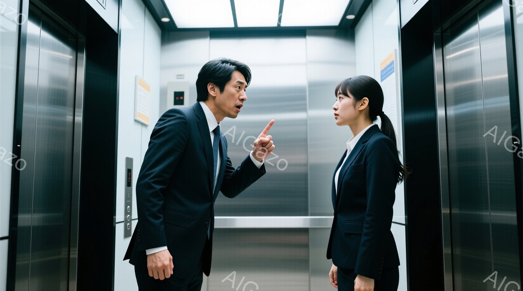 エレベーター内で男性と女性が対立している様子が写っています。男性は黒いスーツを着て、片手を上げて女性に何かを強く訴えるような表情をしています。女性は同じく黒いスーツを着ており、横を向いて表情を隠し、やや緊張した様子で立っています。