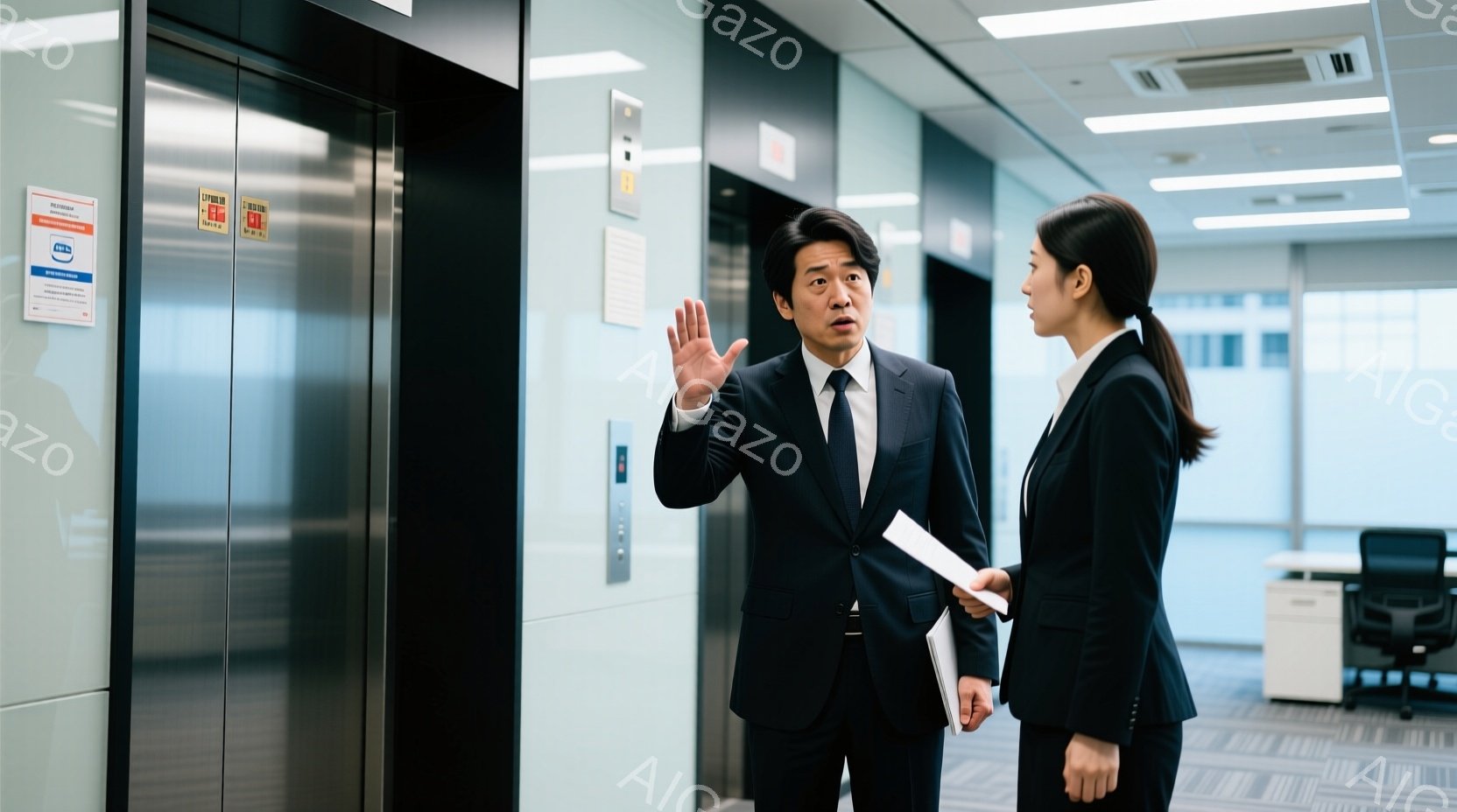 紺色のスーツにネクタイを締めた男性が、片手を上げて何かを説明している様子で、やや驚いた表情をしている。女性は黒いスーツを着ており、書類を手に、男性のほうを見て立っている。背景はオフィスの廊下で、エレベーターとオフィス家具が見え、全体的にビジネスライクで少し緊張感のある雰囲気である。