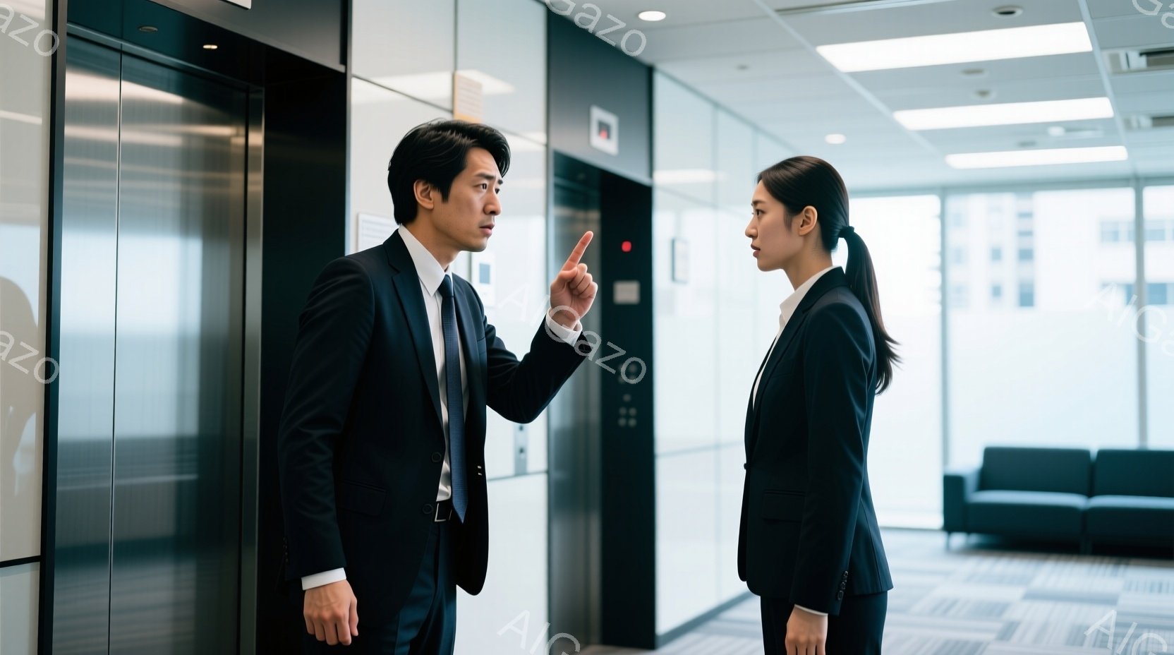 紺色のスーツを着た男性が、女性に対して指を立てて何かを強く主張している様子がうかがえます。女性は同じく紺色のスーツ姿で、後ろ向きに立っており、やや緊張した表情をしています。背景はオフィス内のエレベータ - AI生成フリー素材